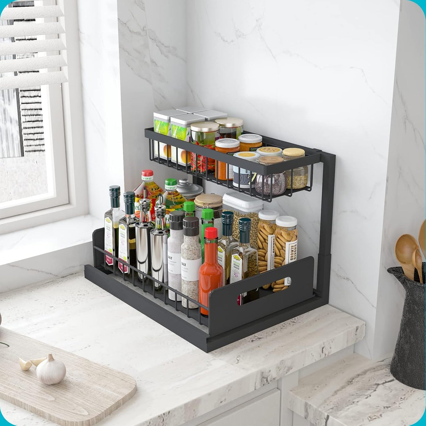 REALINN Under Sink Organizer - 2-Tier Pull-Out Cabinet Storage Shelf | Black, Easy Access Design