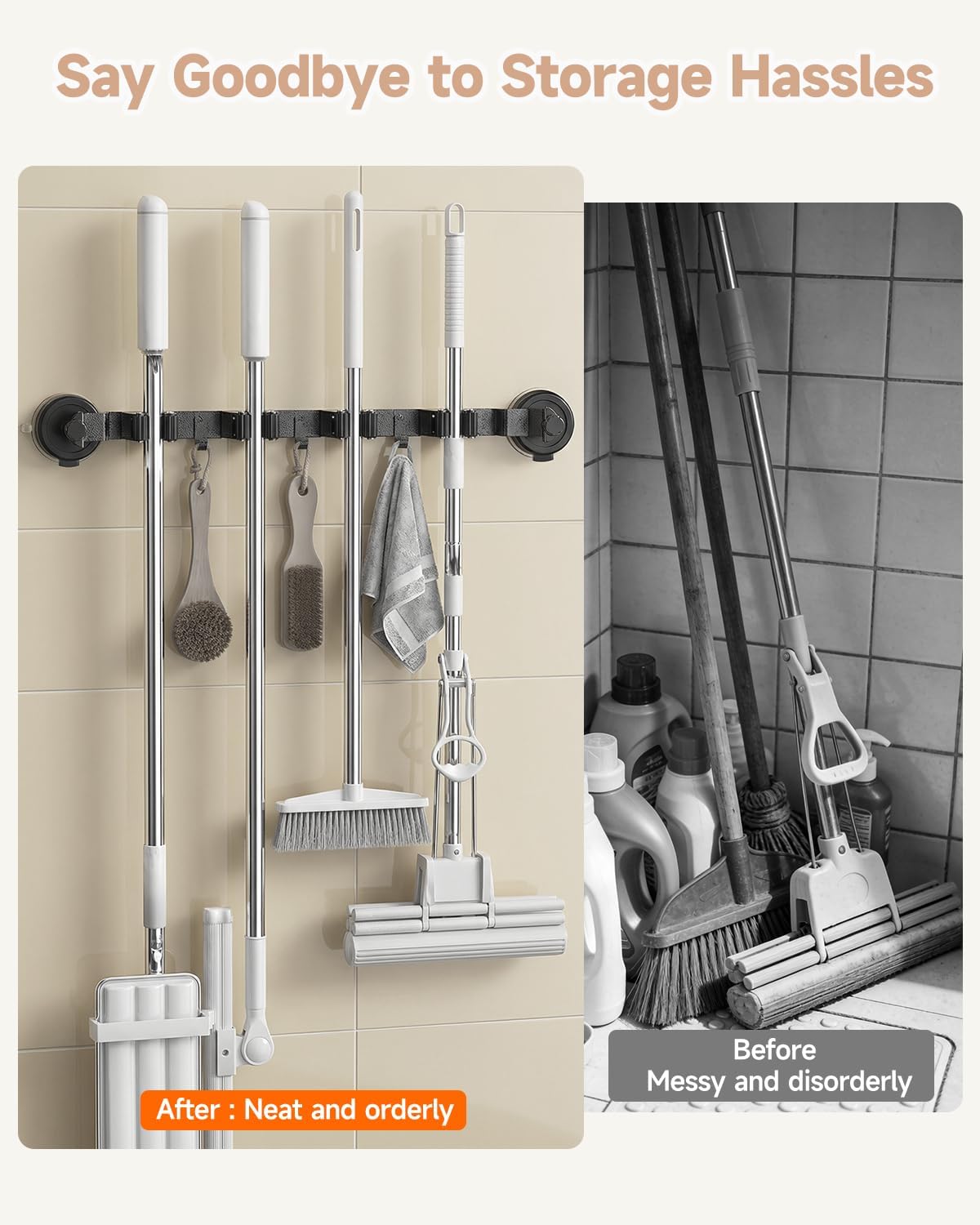 Upgrade Broom Holder Wall Mount by 2026 - Suction Cup Organizer with 4 Racks & 3 Hooks for Home