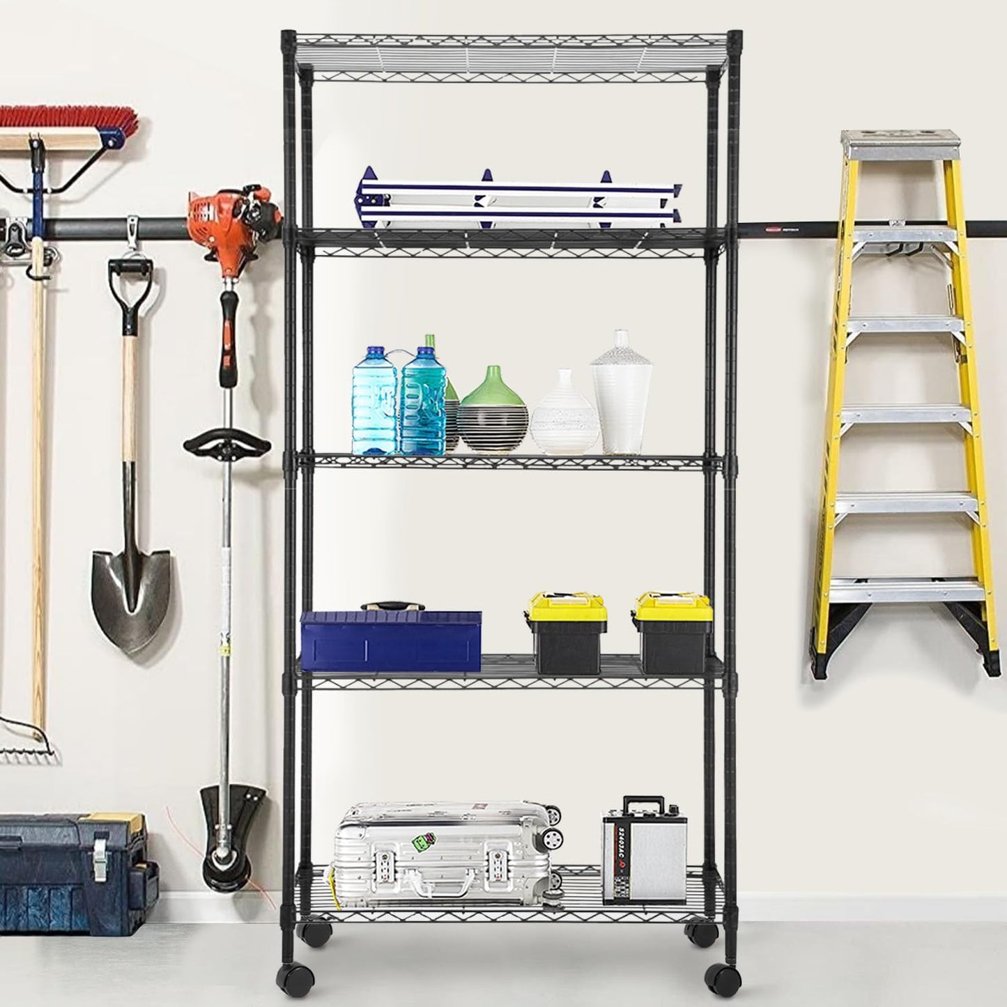 PayLessHere 5-Tier Wire Shelf with Wheels - Adjustable Heavy-Duty Storage Rack | Black | 14"x30"x60" | Rust-Resistant, Easy No-Tool Assembly