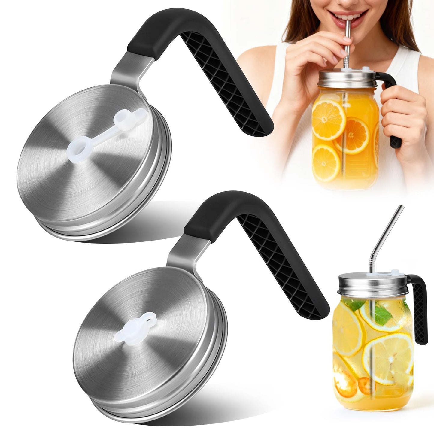 Palksky Mason Jar Lids with Straw Hole & Handle for Regular Mouth Jars, Leak-Resistant Drinking Lids with Extra Silicone Rings, Mason Jar Straw Lids for Iced Coffee, Lemonade, Juice (2 Pack)