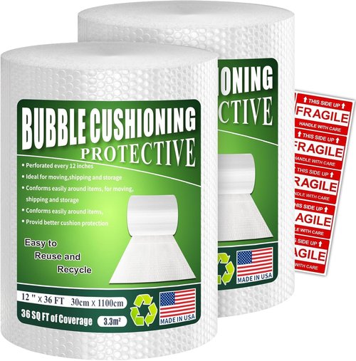 A&A Heavy-Duty Bubble Wrap - Tear-Resistant Cushioning Roll | 2 Pack, 12”x36’ Perforated for Moving & Shipping