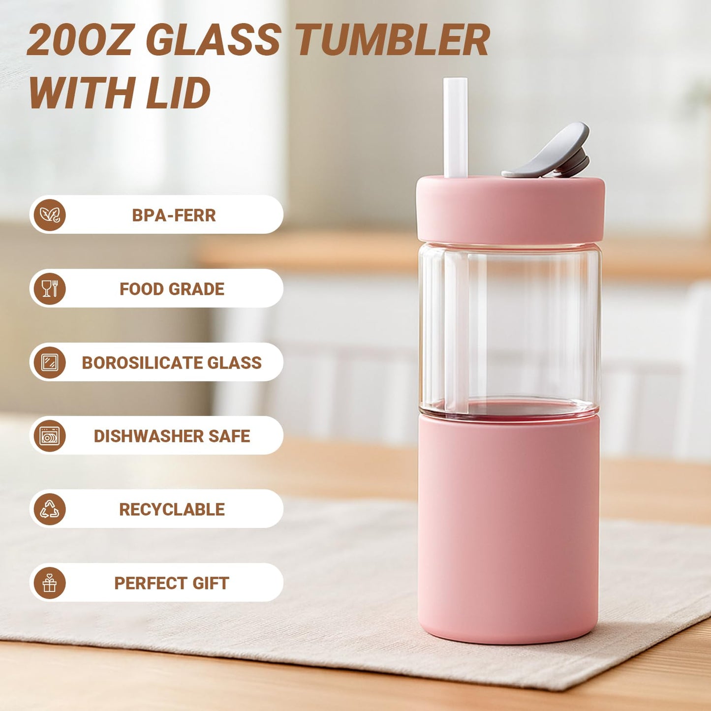 Zenbo 20 oz Glass Tumbler with Silicone Lid & Straw, Reusable Borosilicate Glass Iced Coffee Cup with Silicone Sleeve, Leak-Proof BPA-Free Glass Cup for Smoothies, Juice, Home, Office & Travel
