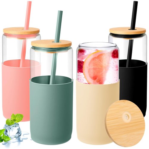 FillTouch 4 Pack 20 oz Glass Tumbler with Lid and Straw Iced Coffee Cup with Protective Silicone Sleeve Cute Smoothie Tumbler Cup Beer Can Drinking Glasses for Spring Summer(Olive, Amber, Black, Pink)