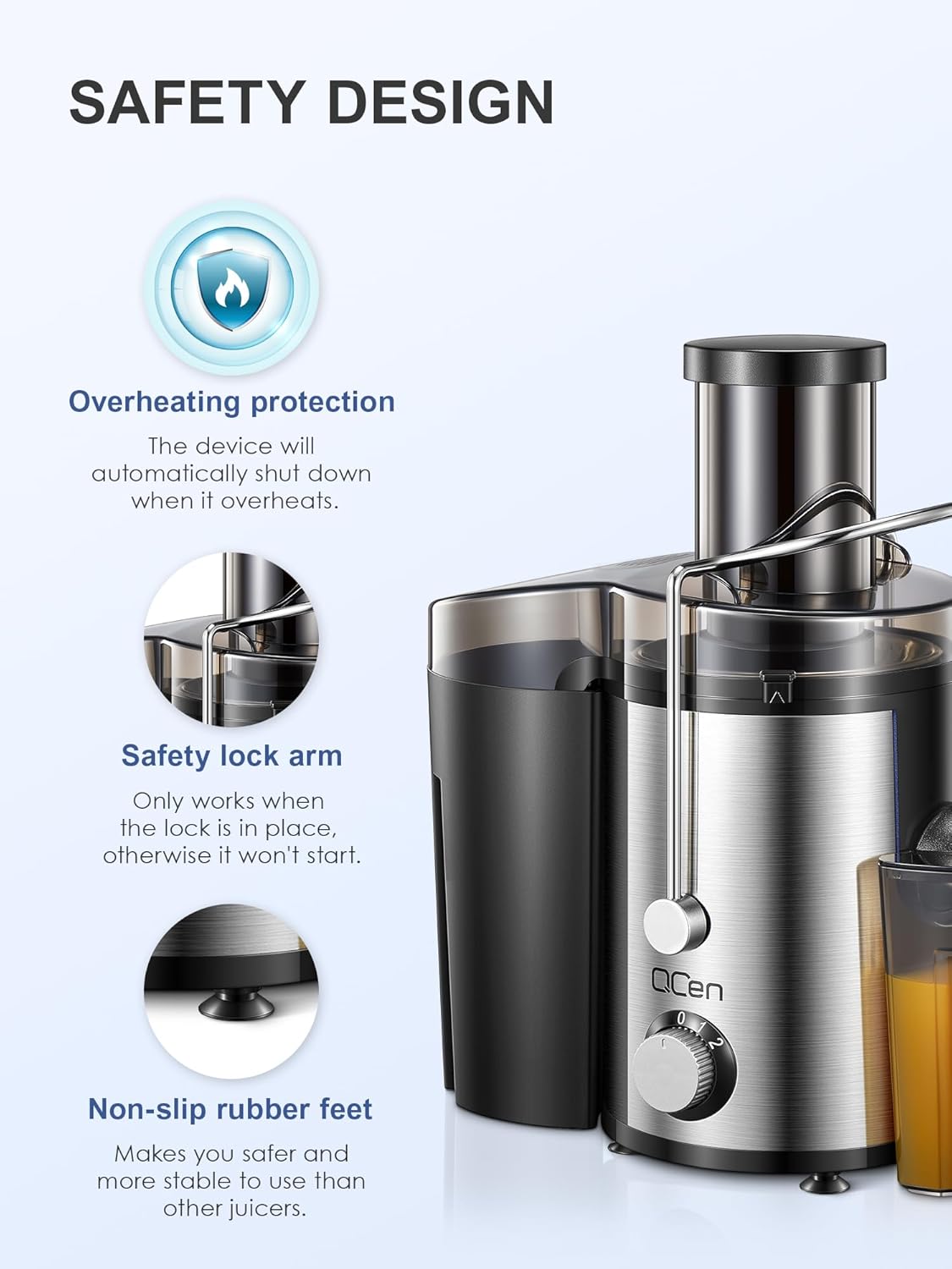 Qcen Juicer Machine - 800W Centrifugal Juicer with 3” Wide Mouth Feed Chute | Easy to Clean, BPA-Free, Black