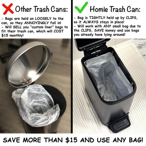 Homie Slim Trash Can - 6 Liter Soft Close Design with Anti-Bag Slip Liner | Matte Black for Bathroom, Kitchen, or Bedroom