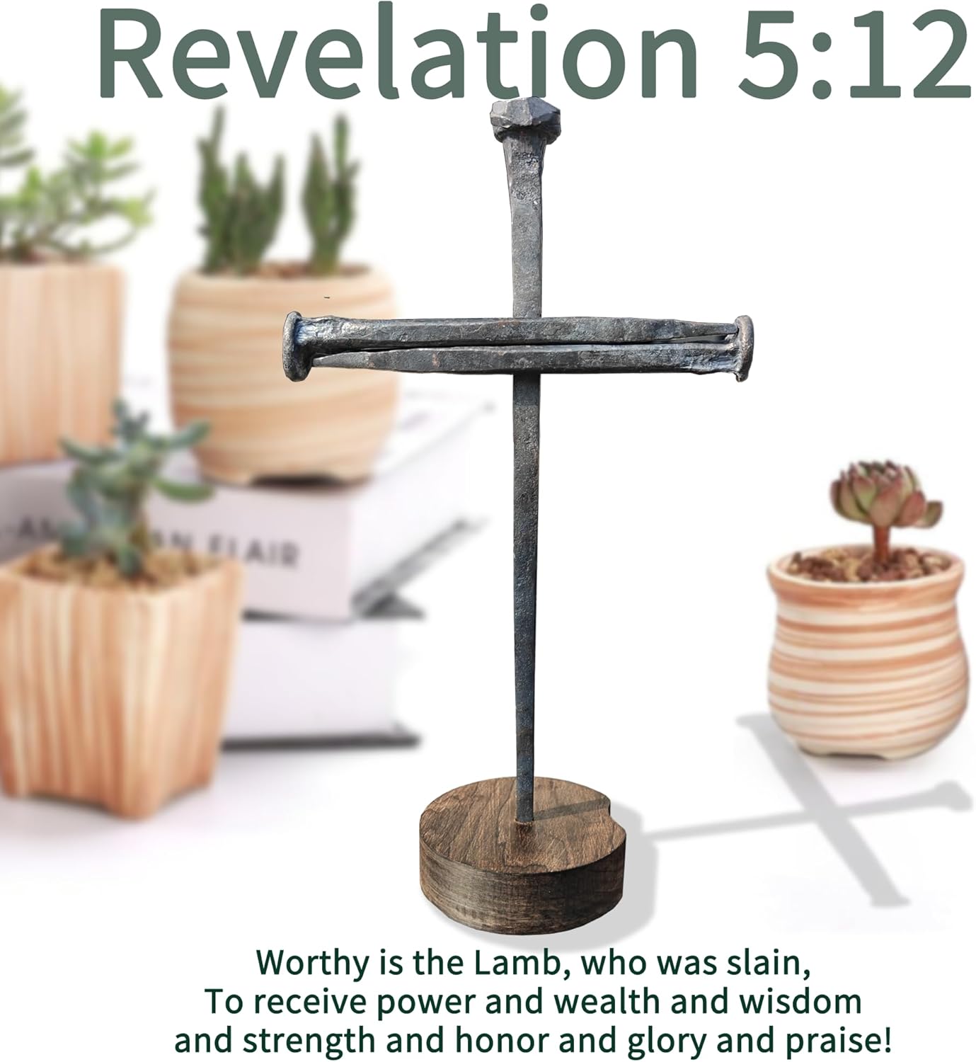 LeMeeOly Metal Cross with Wooden Base - Jesus Christ Crucifixion | Perfect Religious Gift for Mom & Home Decor