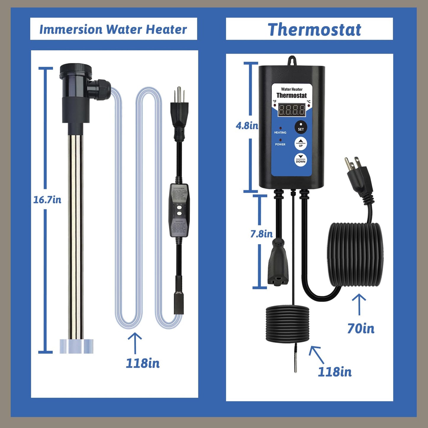 XCLBTFDC 2000W Immersion Water Heater Portable Electric Bathtub & Pool Fully Submersible Water Heater with Temp Control, GFCI for Hot Tub, Bucket, Swimming pool, above ground pool, baptistry & spa tub