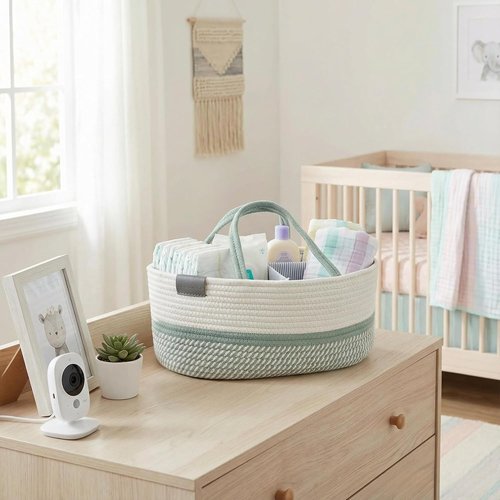DECOMOMO Baby Caddy Organizer - Large Diaper Caddy Basket in Sage Green & White for Baby Showers