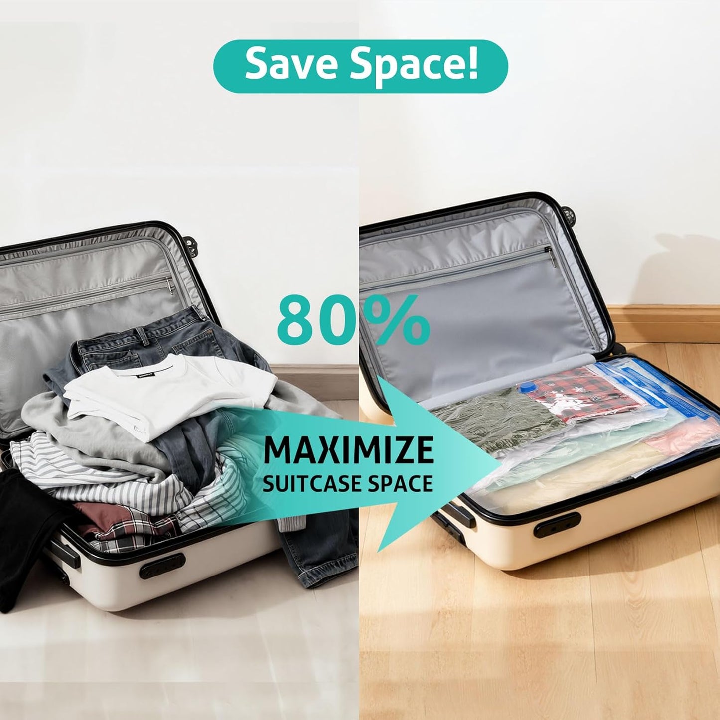 Skiennix Travel Vacuum Storage Bags - 8 Pack Portable Seal Bags for Clothing & Bedding - Space Saver for Luggage