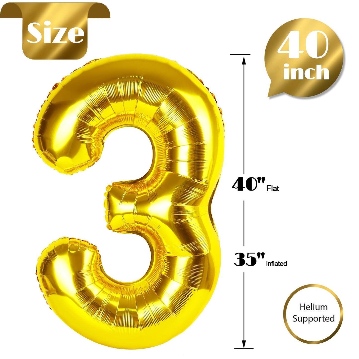 Gold Number 3 Balloon 40 Inch, 3rd Birthday Celebration Supplies for Girls Boys Women Men, 3 Balloon for Girls Boys Theme Party