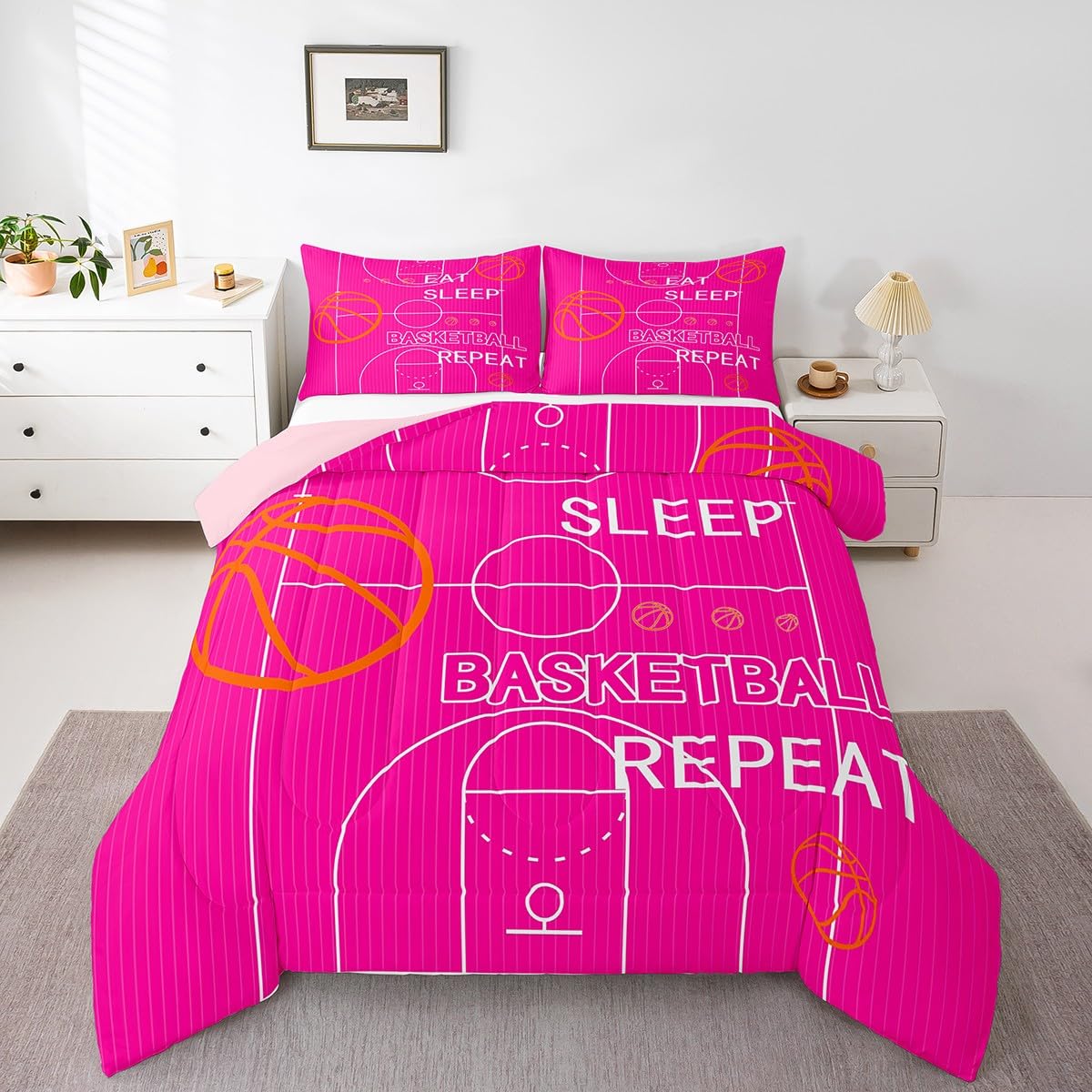 jejeloiu Kids Basketball Comforter Set Full Size Basketball Court Comforter Boys Girls Eat Sleep Basketball Ball Pattern Bedding Set Gaming Sports Theme Pink Quilt Set