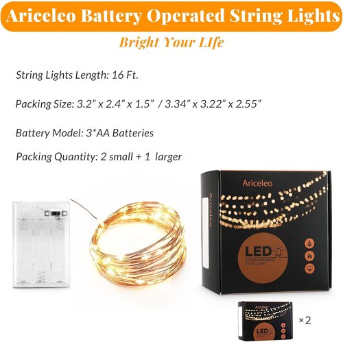 Ariceleo LED Fairy Lights - Battery Operated Mini Copper Wire String Lights | 5m/16ft Warm White for Bedroom, Weddings & Parties