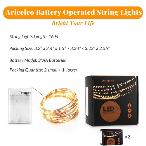 Ariceleo Led Fairy Lights Battery Operated, 2 Packs Mini Battery Powered Copper Wire Starry Fairy Lights for Bedroom, Christmas, Parties, Wedding, Centerpiece, Decoration (5m/16ft Warm White)