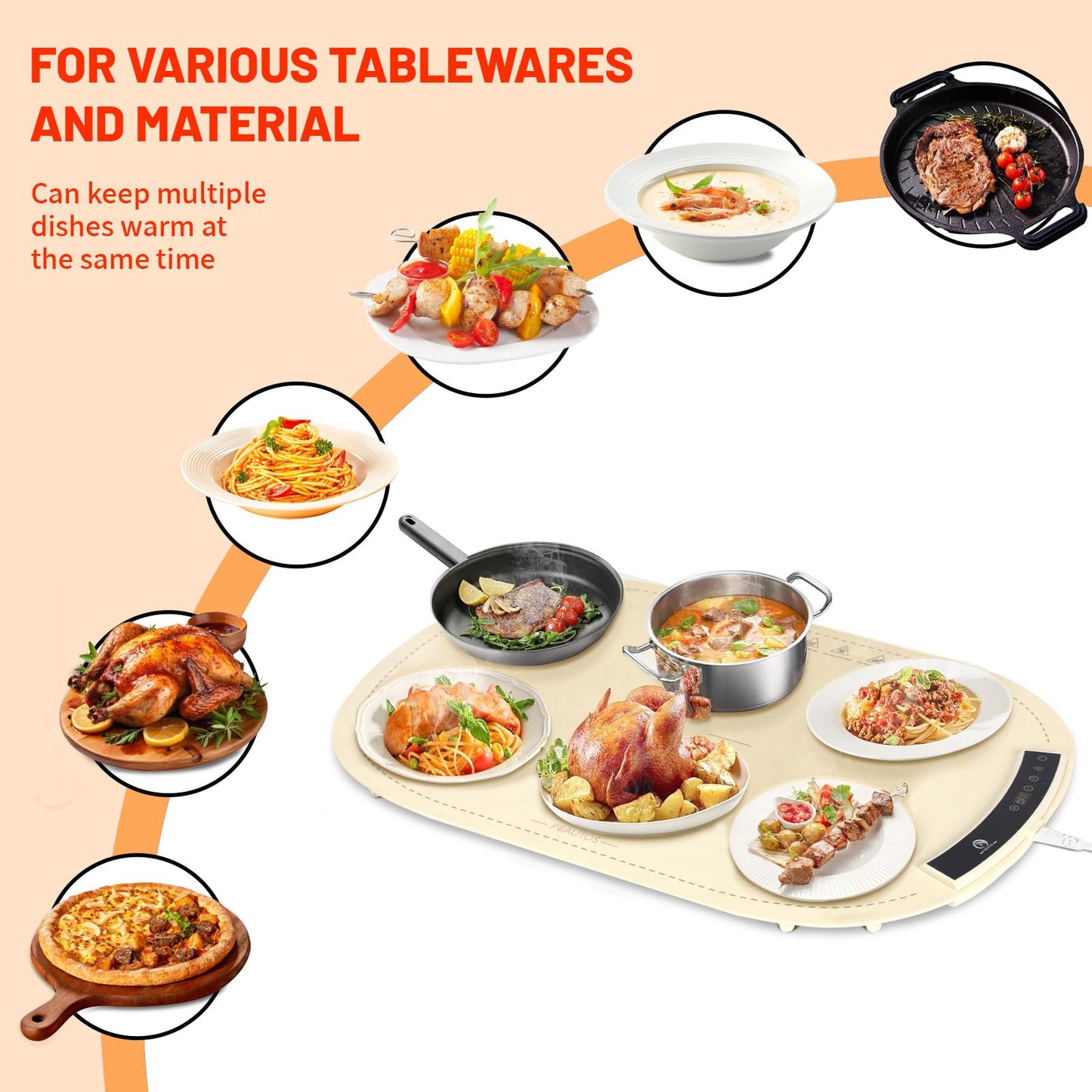 P PBAUTOS Food Warming Mat, 23.1"x15.8" Silicone Heating Mat for Buffets & Parties, Electric Warming Tray with 7 Temp Settings, Auto Shut-Off, Foldable Design, Non-Stick Surface, Household Use Only
