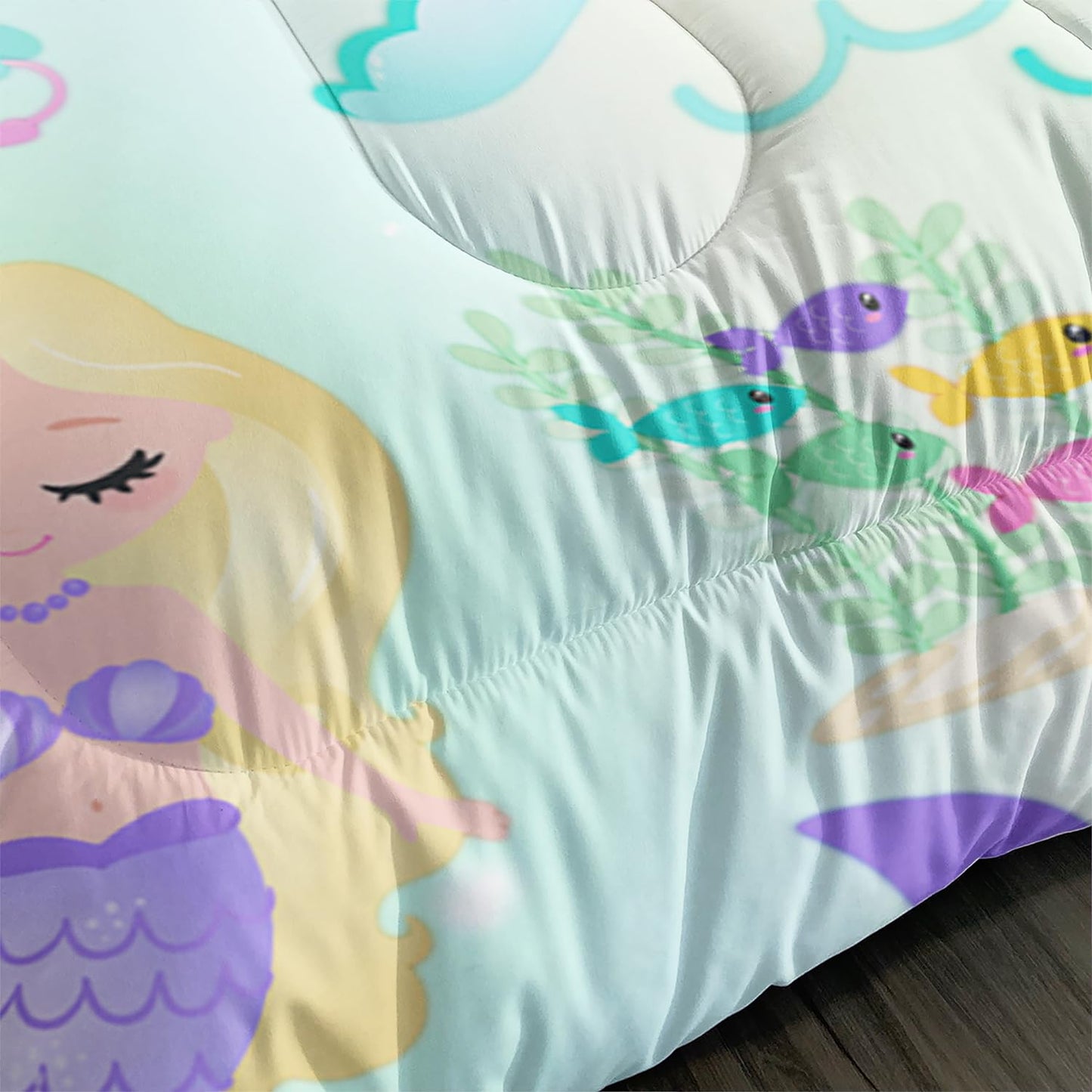 XYNHML Rainbow Mermaid Comforter Set Twin/Full/Queen Size Fairy Tale Sea Shell Grass Bedding Set Starfish Jellyfish Quilt Bed Set for Kid Girls with 1 Comforter and 2 Pillowcases