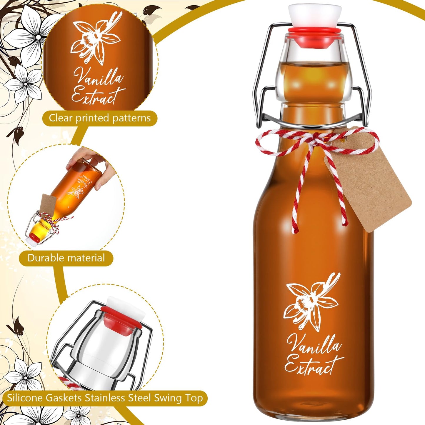 Reallnaive 12 Pack 8oz Vanilla Extract Bottles Swing Top Glass Bottles for Vanilla Extract Homemade Glass with Caps and Cotton Twines for Wedding Baby Shower Favors