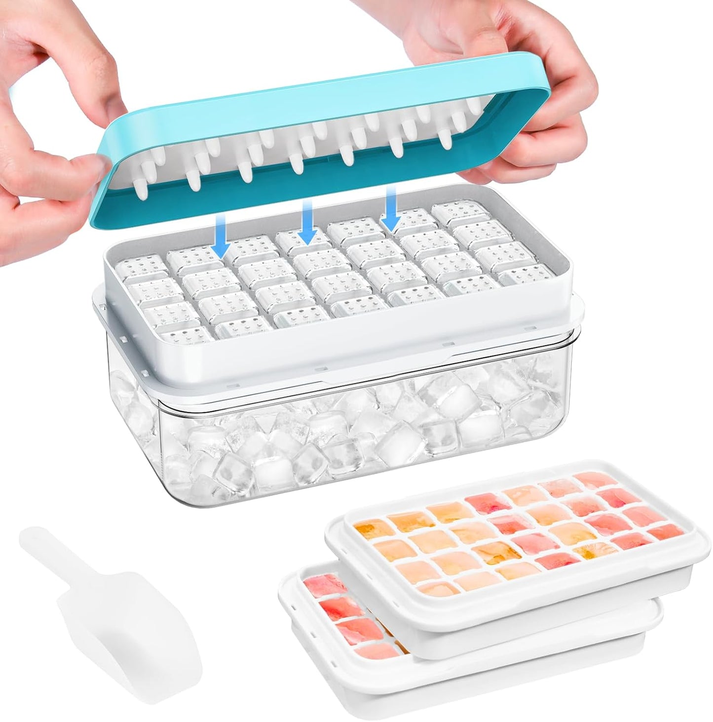 PHINOX Ice Cube Tray Set - 56 Pcs BPA-Free Ice Trays with Lids, Container & Scoop for Freezer