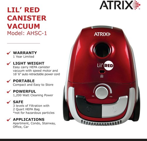 Atrix Lil Red Canister Vacuum - Portable Vacuum with 2 Quart HEPA Filter & Variable Speed Motor