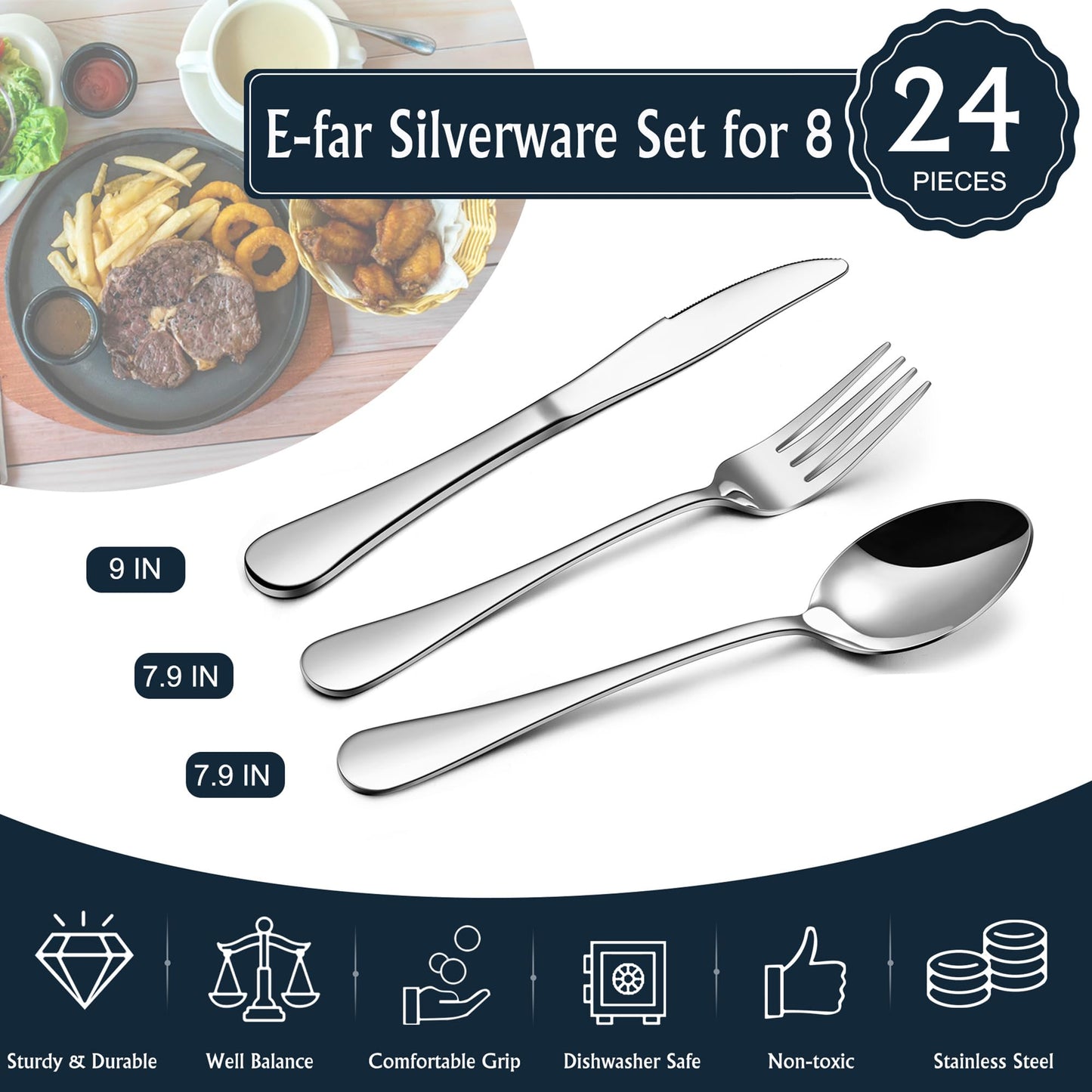 E-far Forks, Spoons and Knives Set for 8, 24 Pieces Stainless Steel Silverware, Food Grade Flatware Cutlery for Home Kitchen Restaurant, Mirror Finish, Dishwasher Safe