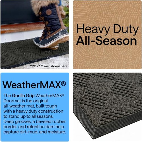 GORILLA GRIP Waterproof All-Season WeatherMAX Doormat - Natural Rubber, Stain & Fade Resistant, 29x17 Gray Diamond