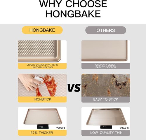 HONGBAKE Half Cookie Sheet Pan - Nonstick Baking Tray with Diamond Texture, 57% Thicker Carbon Steel
