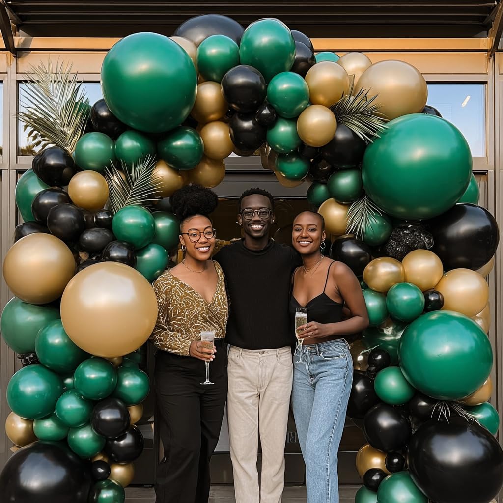 Green Black Gold Balloon Arch Kit - 119 PCs Double Stuffed Emerald Dark Green and Black Metallic Glod Balloons Arch for Wedding Graduation Birthday Jungle Prom Party Decorations