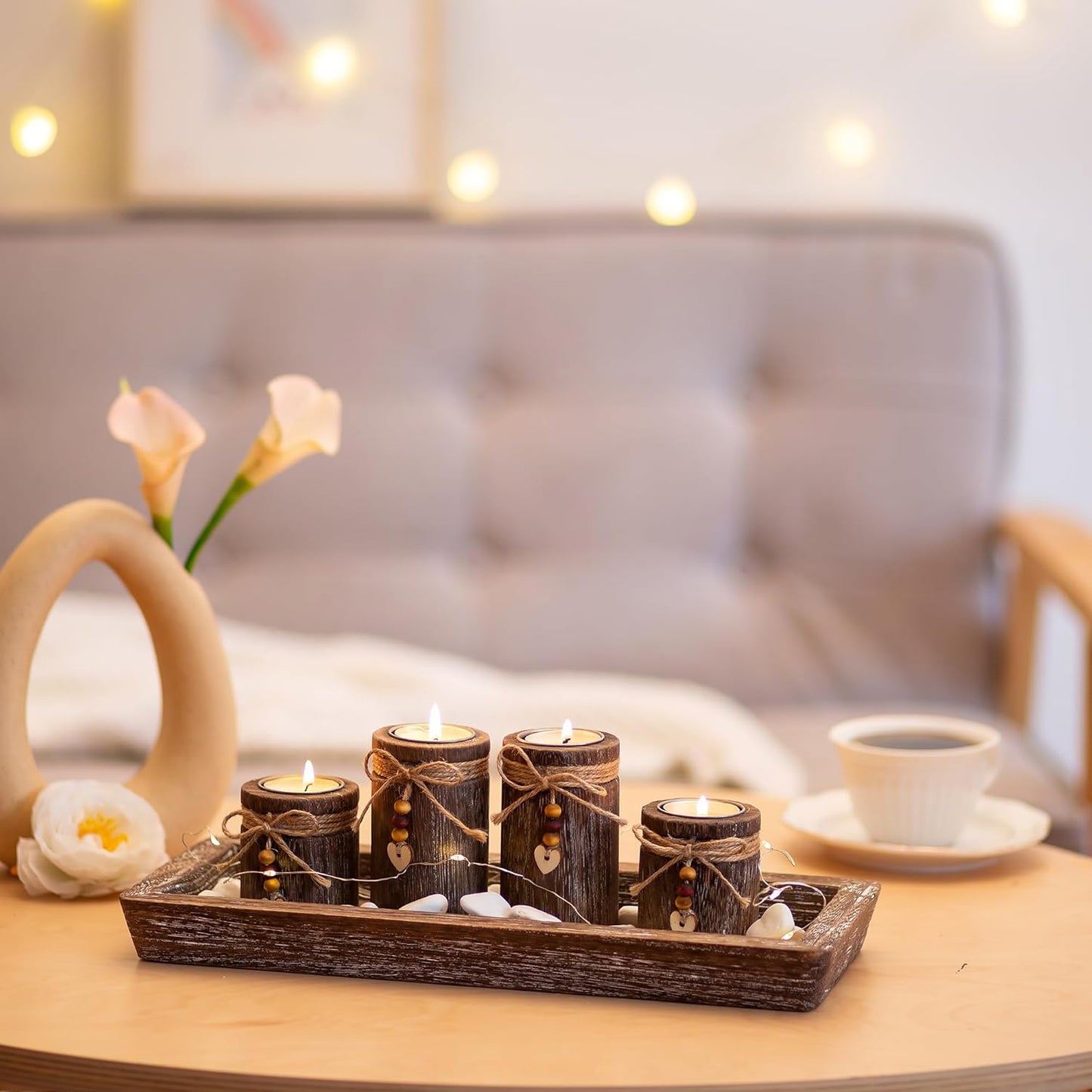 Romadedi Boho Wooden Tray Candle Holder Set - 4 Tealight Holders for Farmhouse Coffee Table Decor