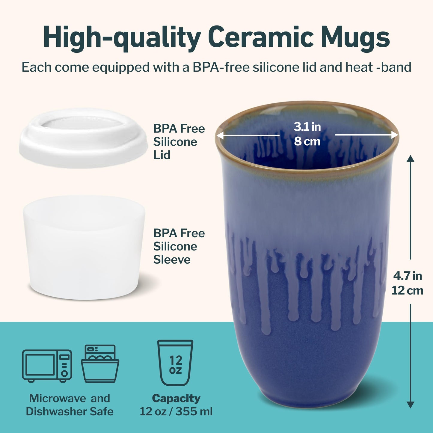 NOVA CERAMICS Ceramic Tumbler– Blue Ceramic Mug – Microwave & Dishwasher Safe Coffee White & Orange Tumbler - Leak-Proof Coffee Travel Mug – 16oz – Neptune