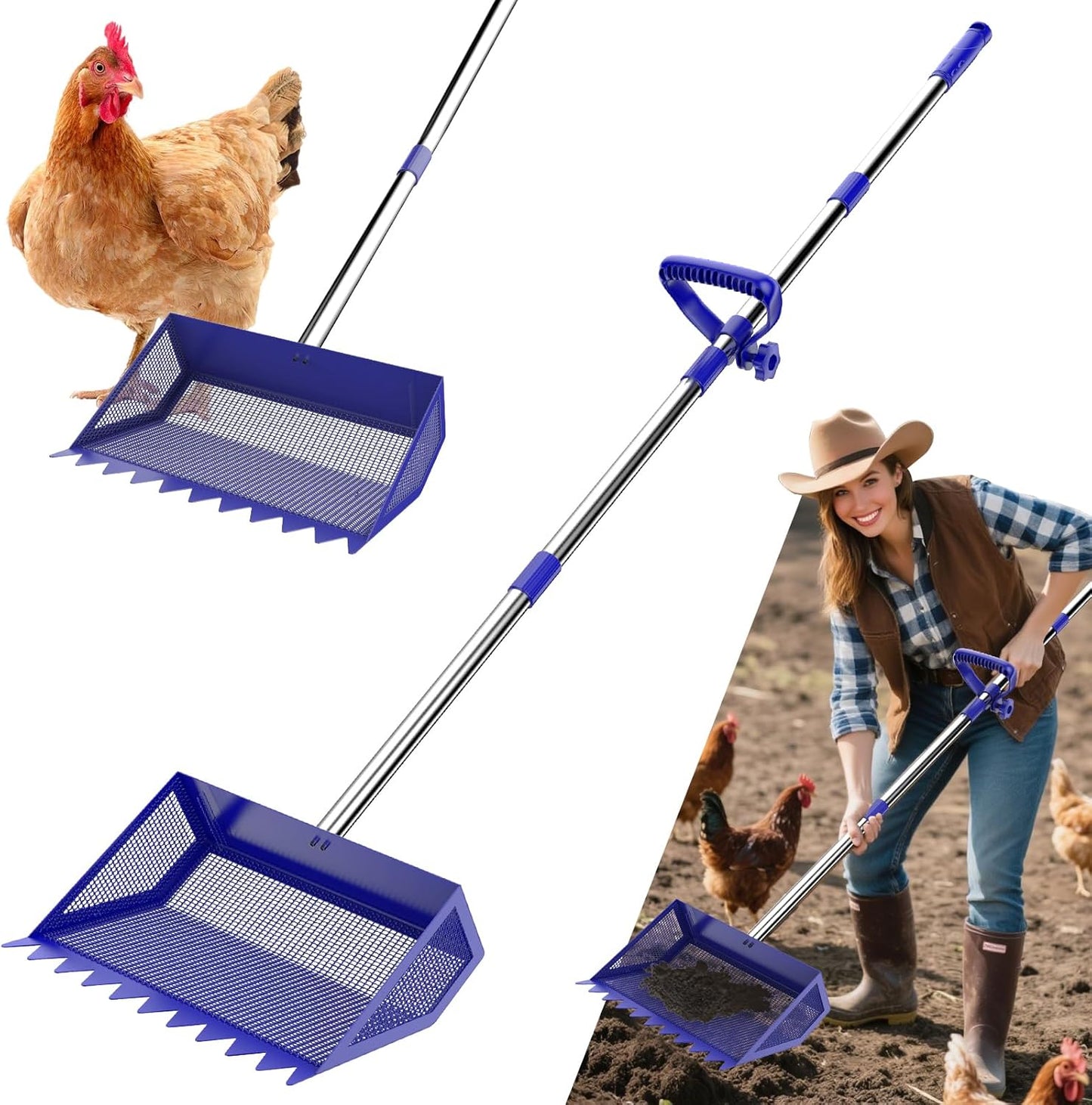 Skiennix Chicken Poop Scooper & Rake - 2-in-1 Stainless Steel Shovel with Handle for Easy Cleanup (Blue, 10")