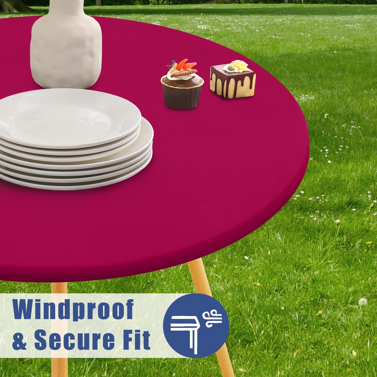 Moosfor Round Spandex Tablecloth, Elastic Fitted Waterproof Tablecloths for 42"-50" Tables, Stretch Washable Picnic Table Cover for Camping, Dining, Indoor and Outdoor, Fuchsia