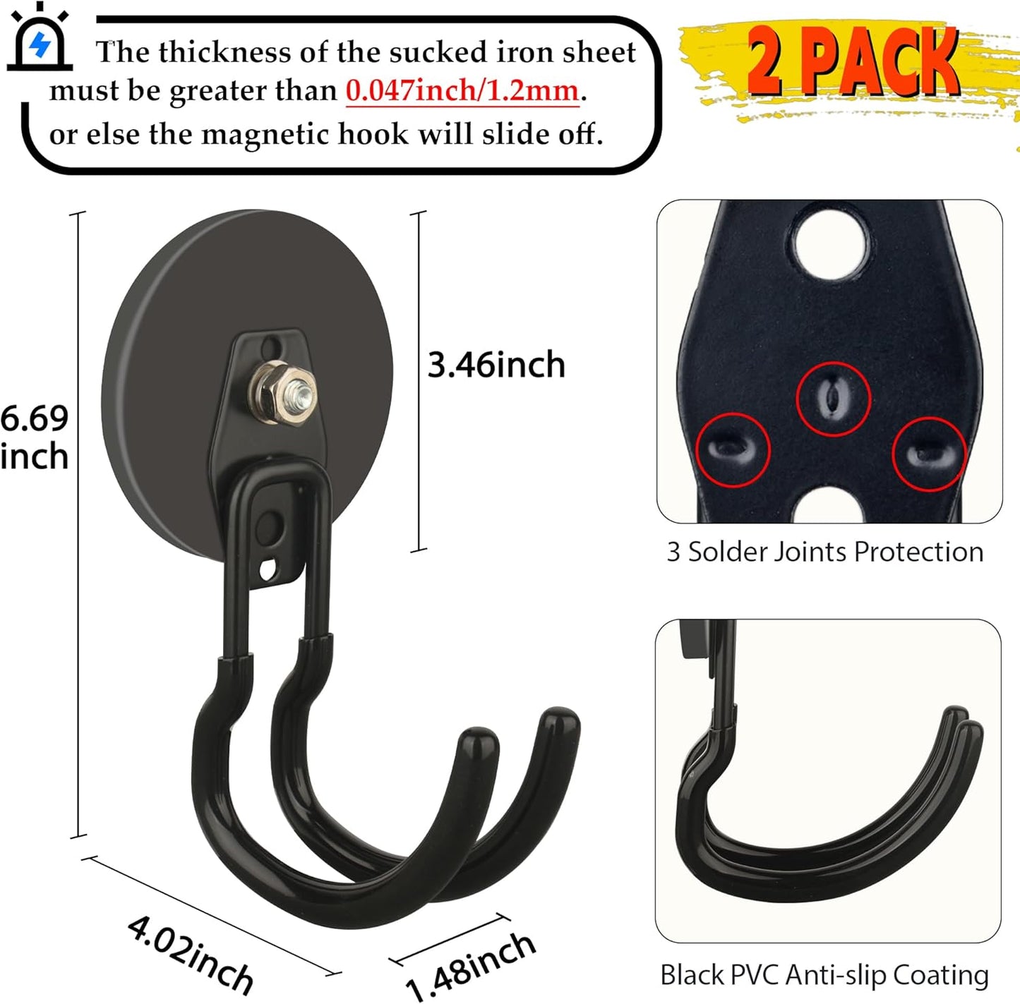 ULIBERMAGNET Extra Large Magnetic Hooks - Heavy Duty 2 Pack for Garage, RV & Tool Shed (Black, 3.46 Inch)