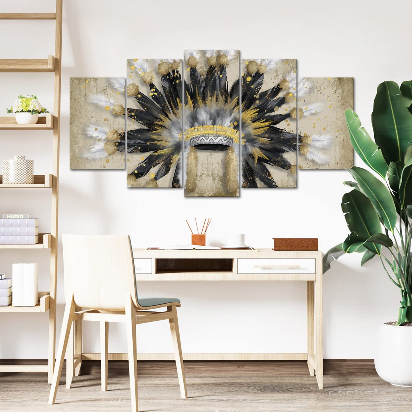 RyounoArt 5 Piece Indian Canvas Wall Art Native American Chiefs Headdress Feathered Painting Vintage Home Living Room Gallery Wrap Ready to Hang