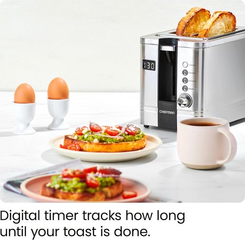 Chefman 2-Slice Digital Toaster - Stainless Steel with Extra-Wide Slots for Bagels | Defrost & Reheat Functions