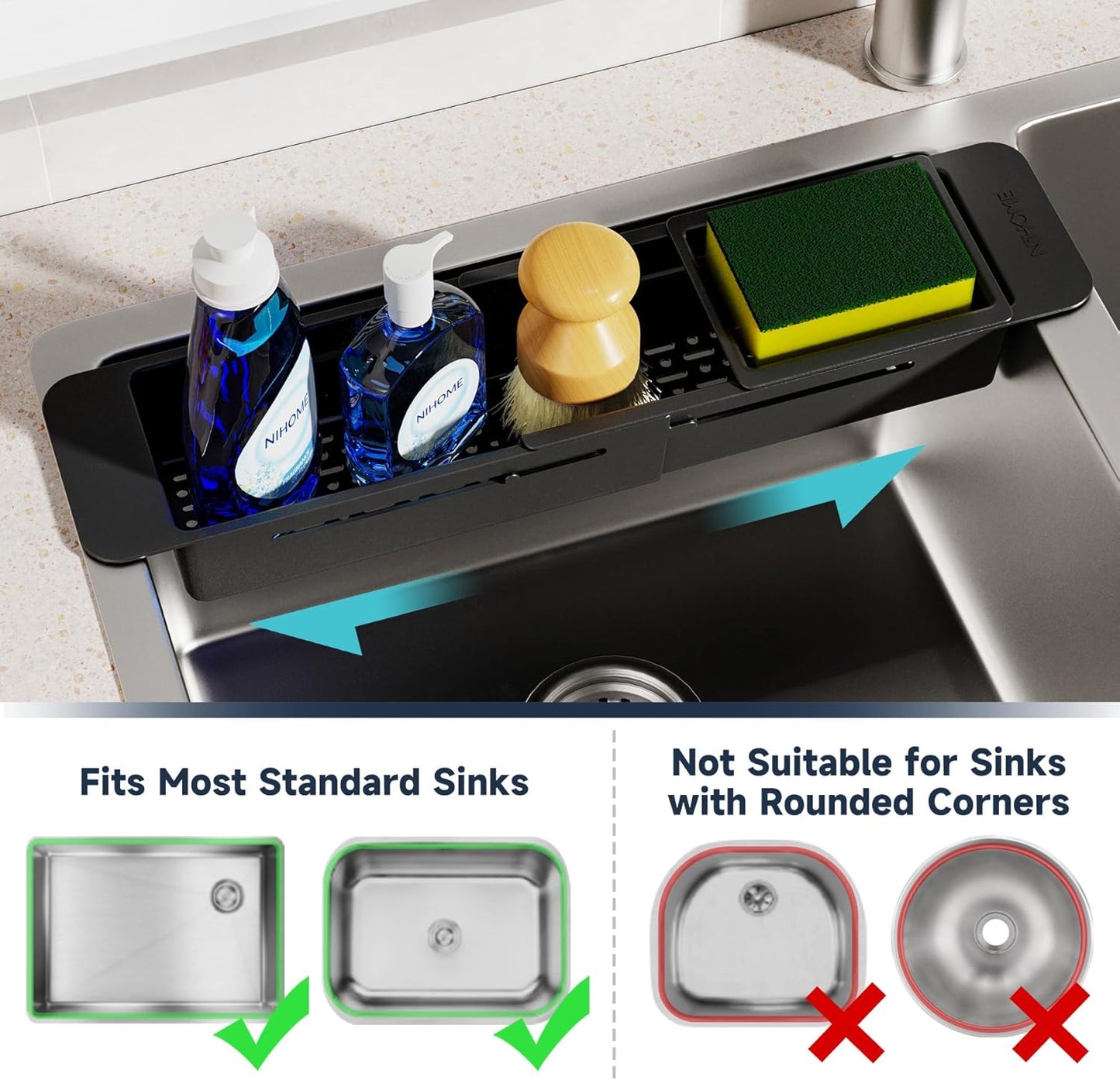NiHome Extendable Over Sink Kitchen Organizer - Adjustable Sponge & Brush Rack with Non-Slip Pads (Black)
