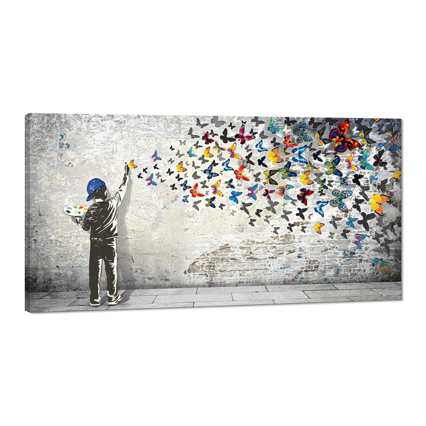 Home Decor Graffiti Canvas Wall Art for Living Room Boy Painting Butterflies Pictures Modern Street Graffiti Artwork Prints, Framed 48" x 24"