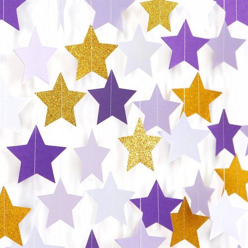 Hugtmr Star Garland - 62ft Purple Lavender & White Gold Party Decorations | Perfect for Birthdays, Weddings, & Showers
