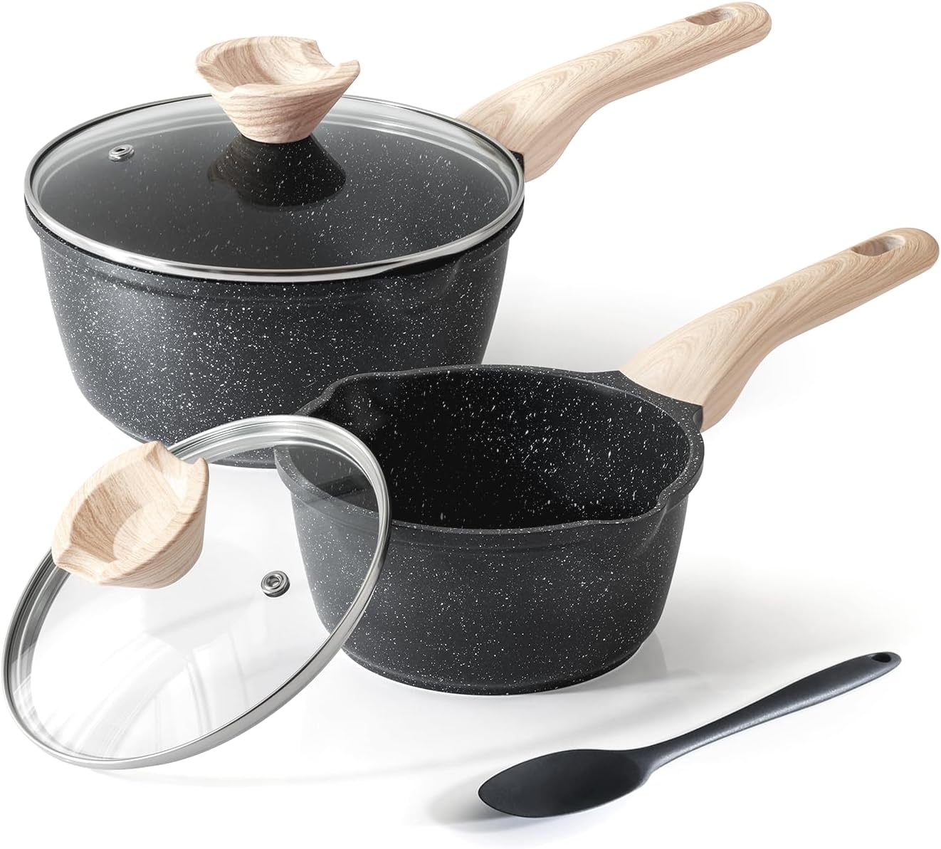 Kordisen Nonstick Saucepan Set - 1.5Qt & 2.5Qt Cooking Pots with Pour Spout | Easy to Clean, PFOA Free (Black)