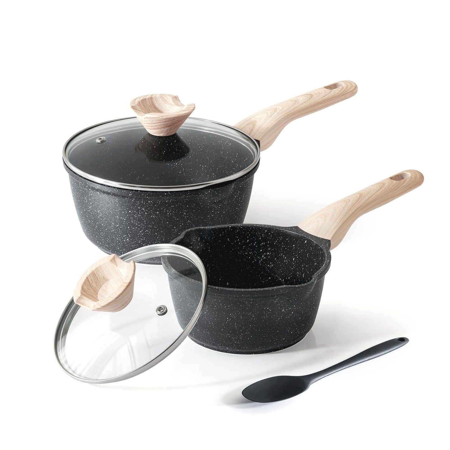 Kordisen Sauce Pan Set with Lid, 1.5Qt & 2.5 Qt Nonstick Cooking Pots with Pour Spout, Easy to Clean, Small Kitchen Induction Saucepan with Granite Coating, PFOA/PFOS Free (Black)
