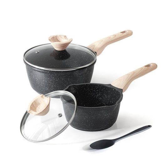 Kordisen Sauce Pan Set with Lid, 1.5Qt & 2.5 Qt Nonstick Cooking Pots with Pour Spout, Easy to Clean, Small Kitchen Induction Saucepan with Granite Coating, PFOA/PFOS Free (Black)