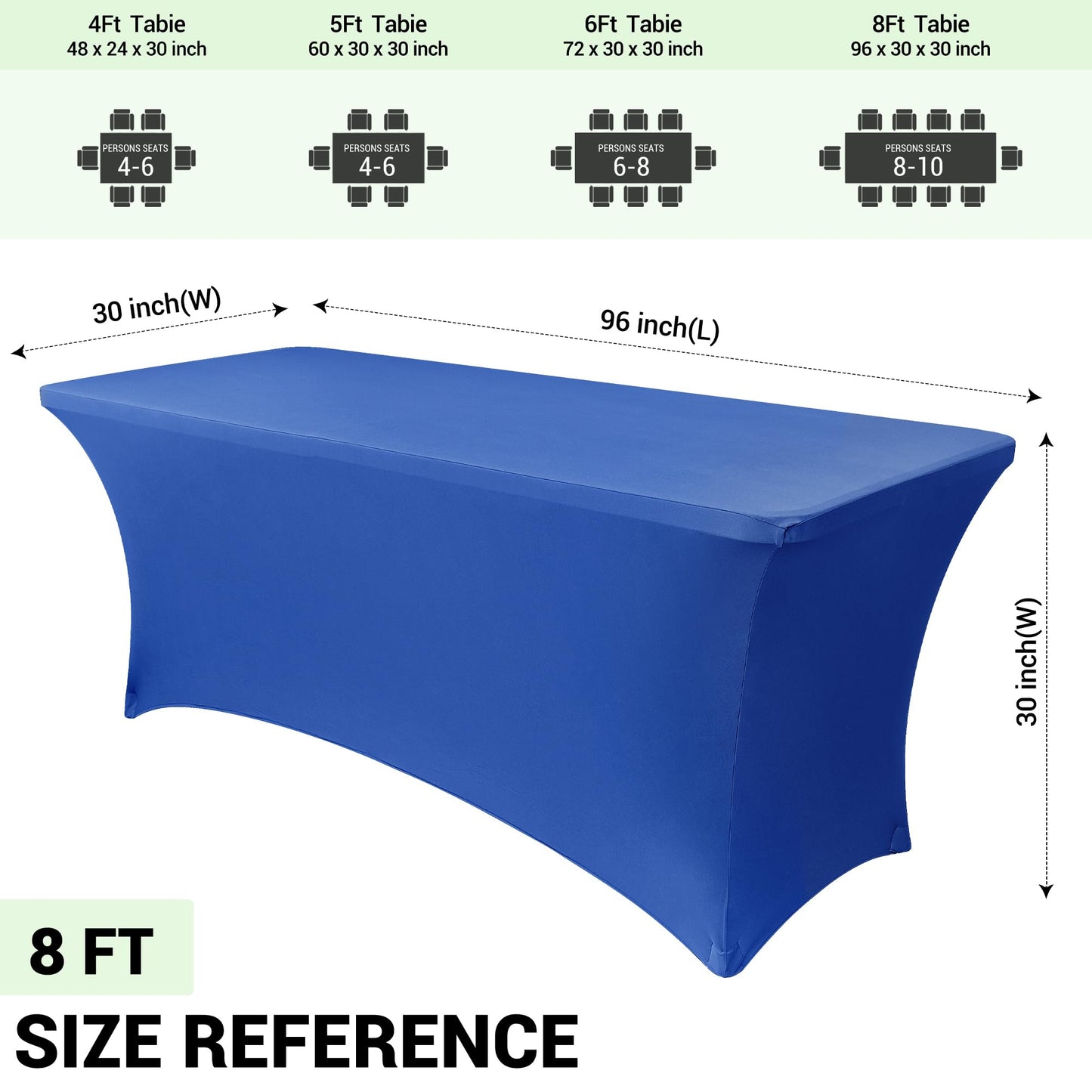 Obstal 8Ft Stretch Spandex Table Cover for Standard Folding Tables - 2 Pack Universal Rectangular Fitted Tablecloth for Party, Banquet, Events, Trade Show (Royal Blue, 96L x 30W x 30H Inches)