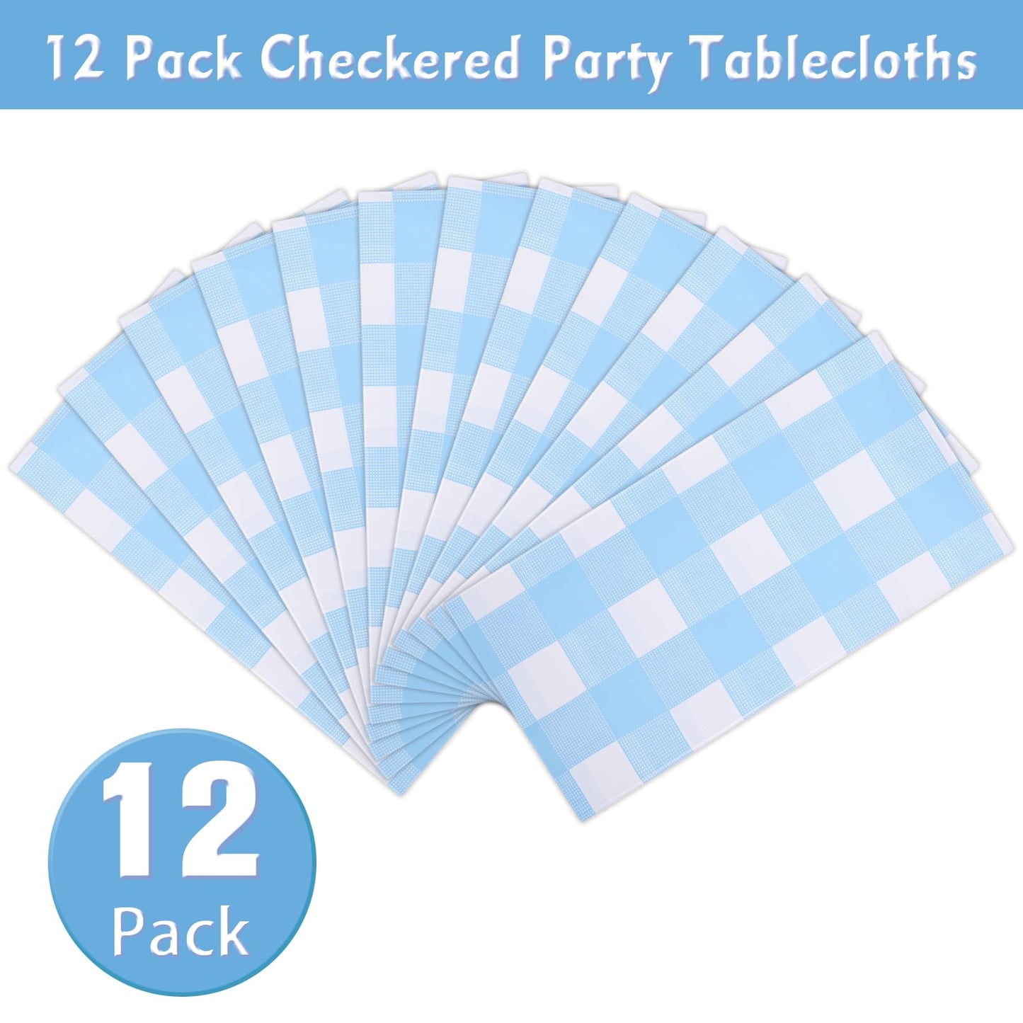 Kesfey 12 Packs Light Blue Gingham Tablecloth Pale Blue and White Checkered Tablecloths 54 x 108 Inch Disposable Plastic Gingham Tablecovers Waterproof Rectangle Picnic Table Cover for Birthday Party