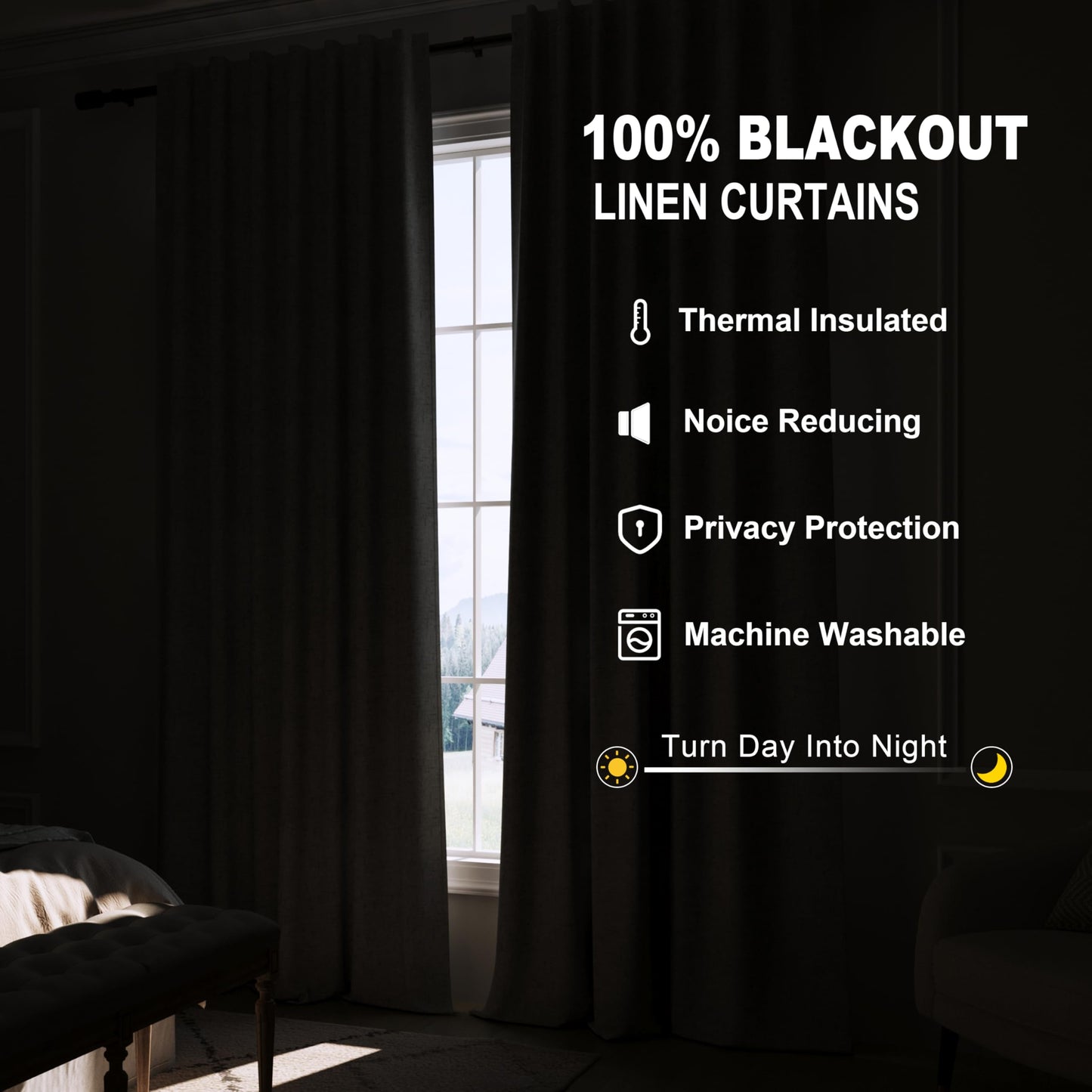 Joywell Linen Dark Apricot Full Blackout Curtains 96 Inch Long 2 Panels Set for Bedroom Living Room,Back Tab Rod Pocket Room Darkening Thermal Insulated Black Out Window Drapes,52x96 Inches