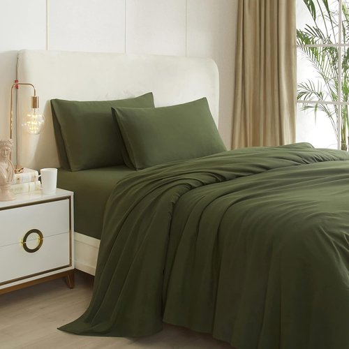 HighBuy Queen Sheet Set - Luxury Cooling Bed Sheets with 4 Pieces | Army Green, Easy Care & Deep Pocket