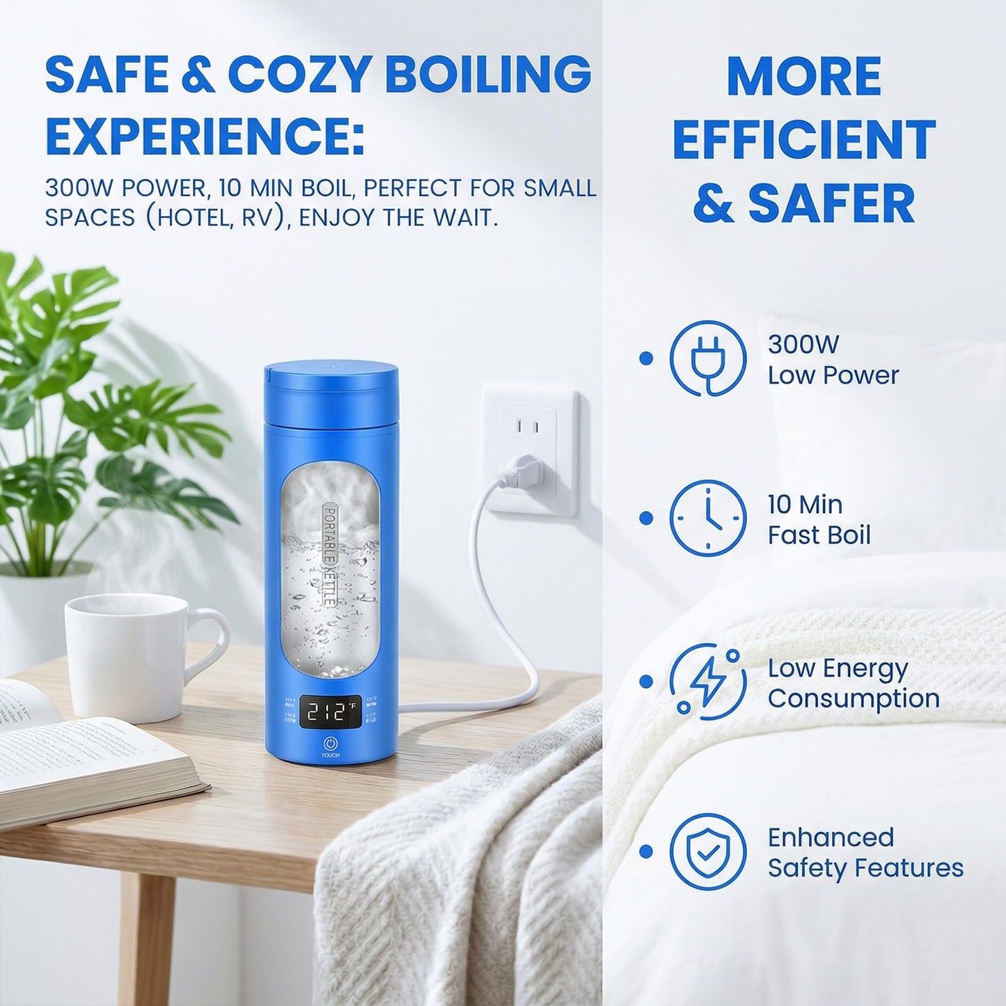 Rzlinn Travel Kettle,Portable Electric Kettle with Temperature Control, Brews Two Cups of Coffee, 316 Stainless Steel Inner Tank, Elegant Blue