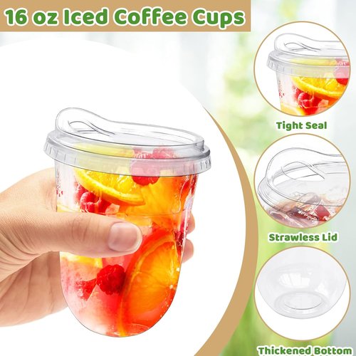 Alaeseje 50 Pack Clear Plastic Cups - 16 oz Disposable Iced Coffee Cups with Strawless Lids