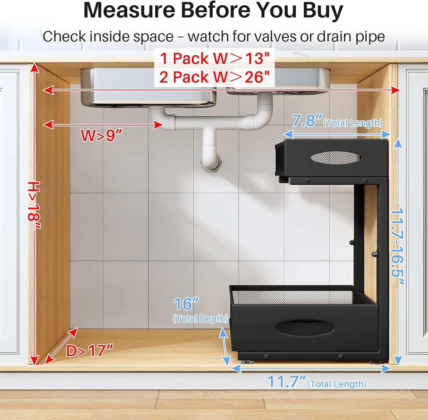 Under Sink Organizer - 2 Tier Pull Out Cabinet Shelf with Mesh Drawers | Black Storage Solution