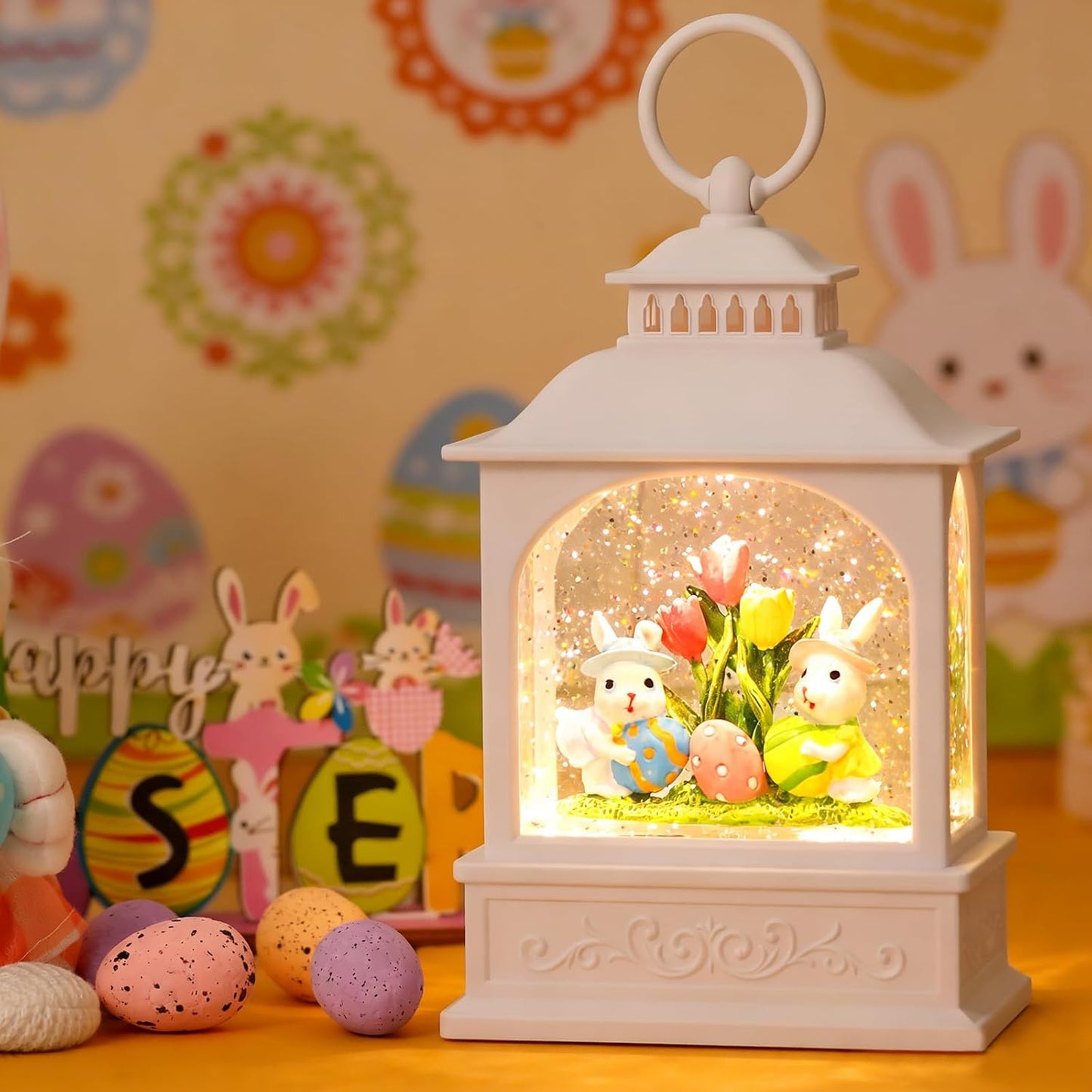 Skiennix Easter Bunny Snow Globe - Glitter Lantern with 6-Hour Timer & Colorful Eggs Decor
