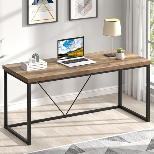 FOLUBAN Industrial Computer Desk - Rustic Wood & Metal Writing Table for Home Office | 60-Inch Oak