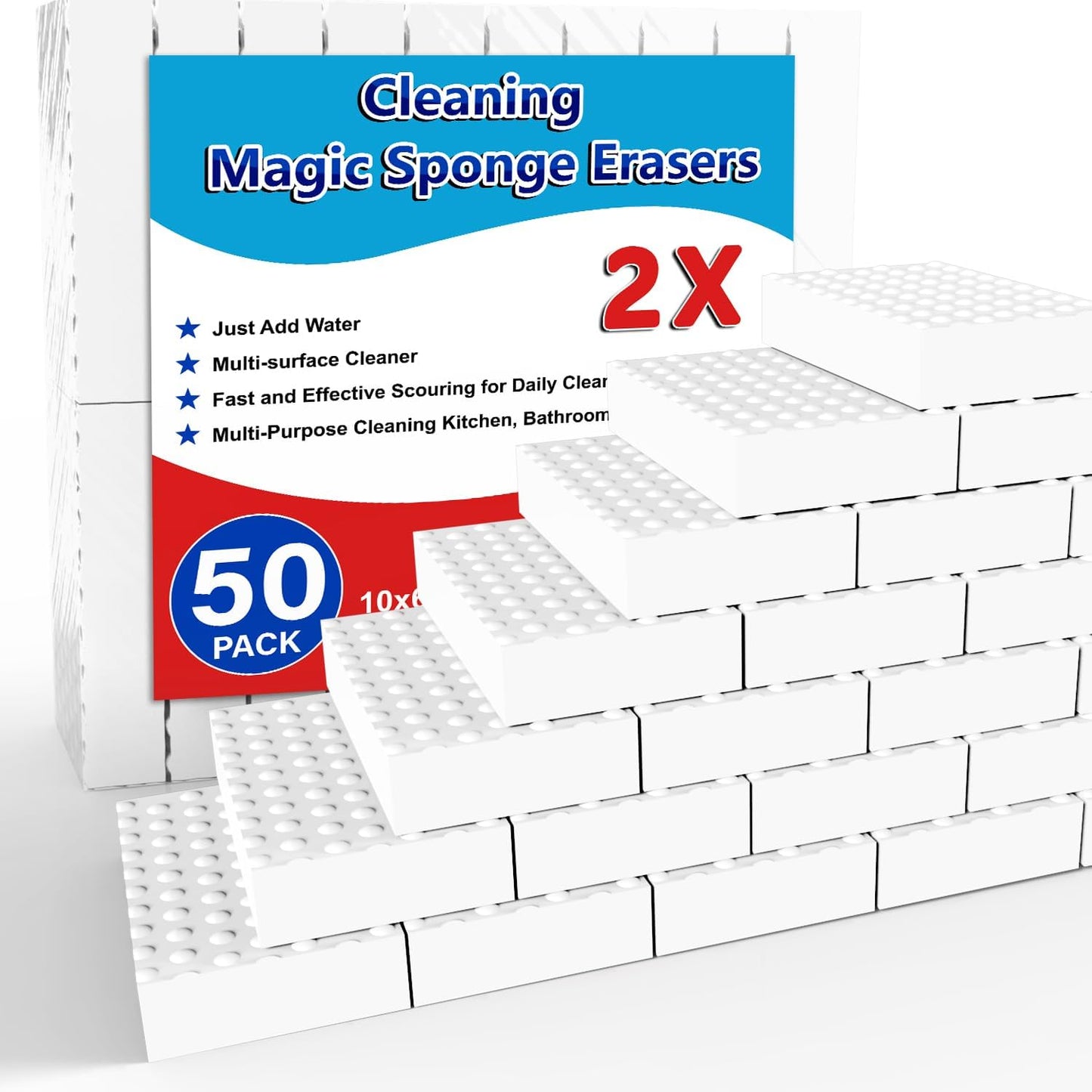 SmilinFit Magic Sponge Erasers - 50 Pack of 2X Density Melamine Foam Pads for Multi-Functional Cleaning