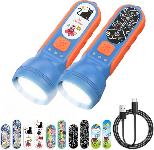 ETENWOLF L1 Rechargeable Flashlight - Fun DIY Stickers, 6 Light Modes, 1500mAh, IPX5 Waterproof | 2-Pack for Kids